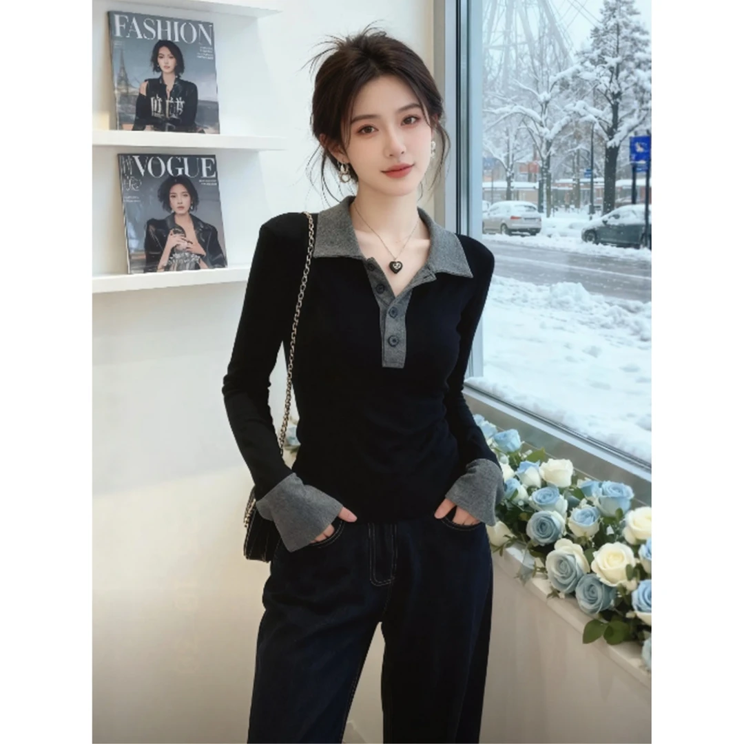 2025新款秋冬女撞色polo衫翻领喇叭袖修身打底针织上衣