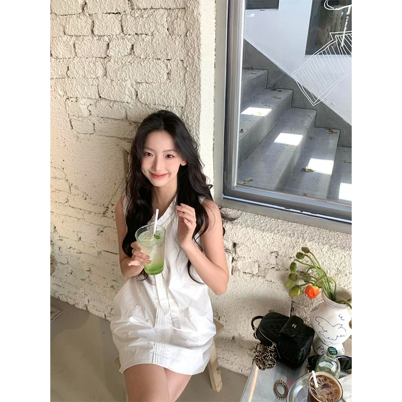 连衣裙女白色蝴蝶结V领无袖背心短裙夏季甜美可爱风格衣服小裙子