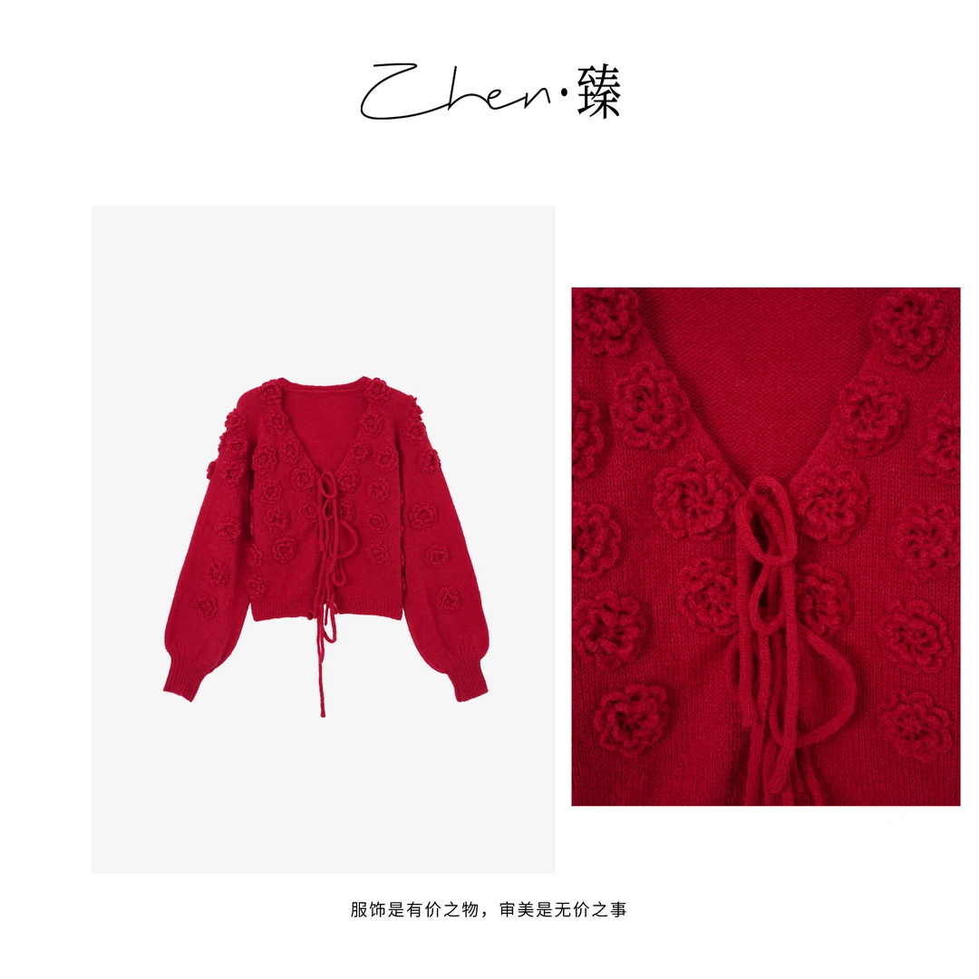 ZHEN.臻 法式轻奢拼接气质立体花朵时尚绑带显瘦毛衣MY7583Z