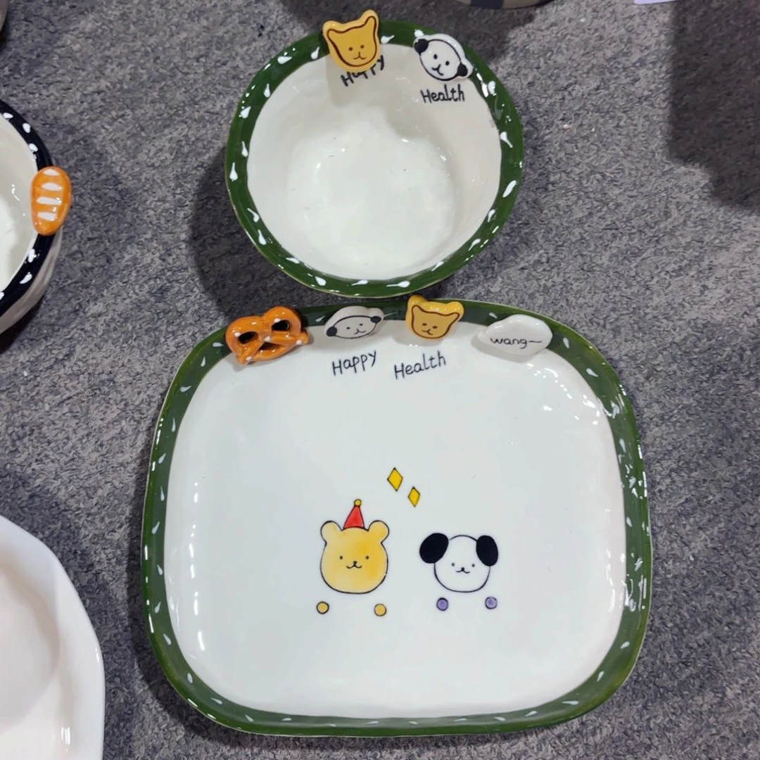 陶瓷打包价快乐小狗立体浮雕手捏全品两件套