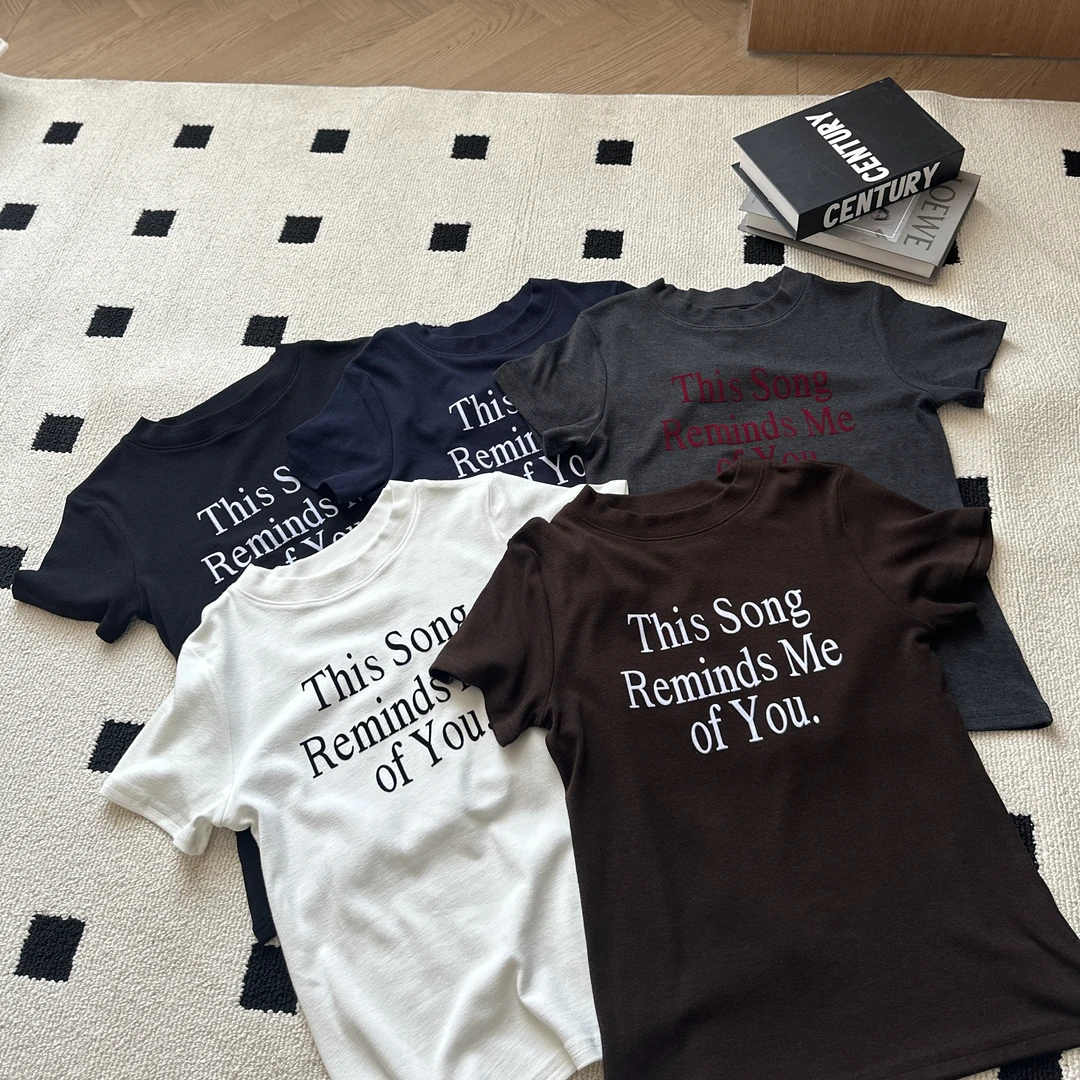 【米可家】早秋字母植绒撞色弹力显瘦短袖T恤25191-1