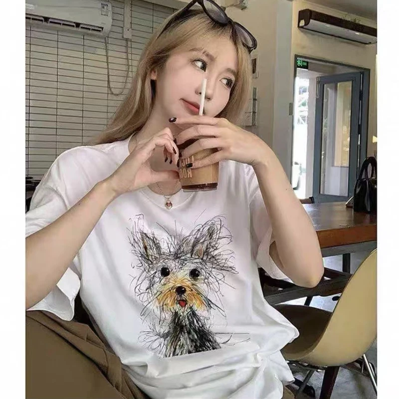 美式复古重磅纯棉短袖T恤女夏季宽松显瘦可爱小狗印花上衣打底衫