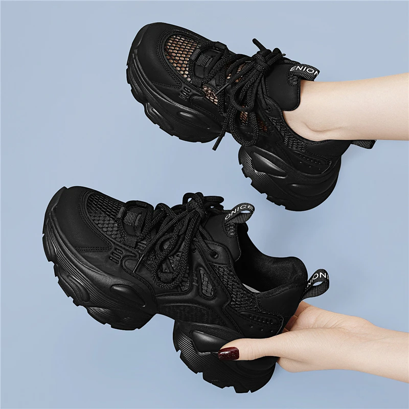 老爹鞋女2025新款爆款夏透气黑色鞋子百搭松糕厚底增高休闲运动鞋