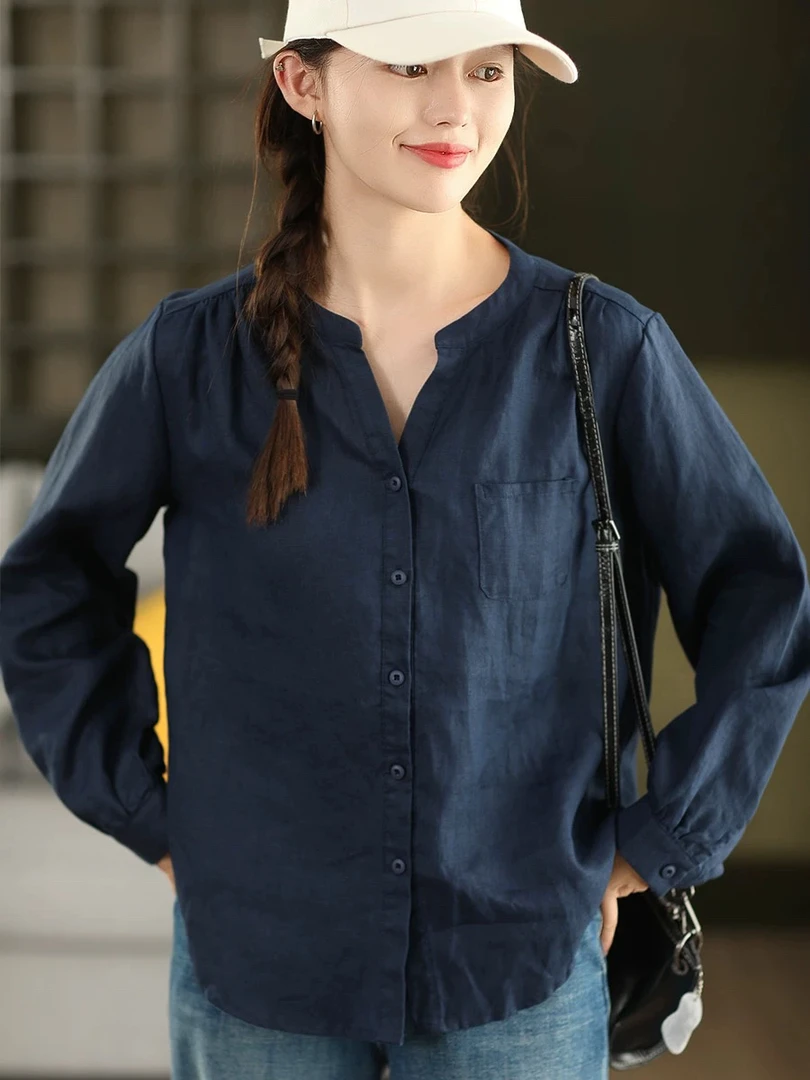100%亚麻双雨露秋季新款V领纯色长袖衬衫时尚洋气老钱风气质