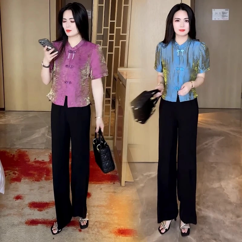 复古时尚洋气套装女2025夏季新款新中式国风盘扣衬衫阔腿裤两件套