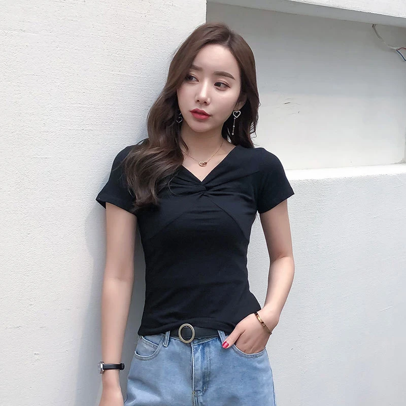 2024新款韩版纯色v领短袖棉质女士修身打底衫大蝴蝶结T恤028