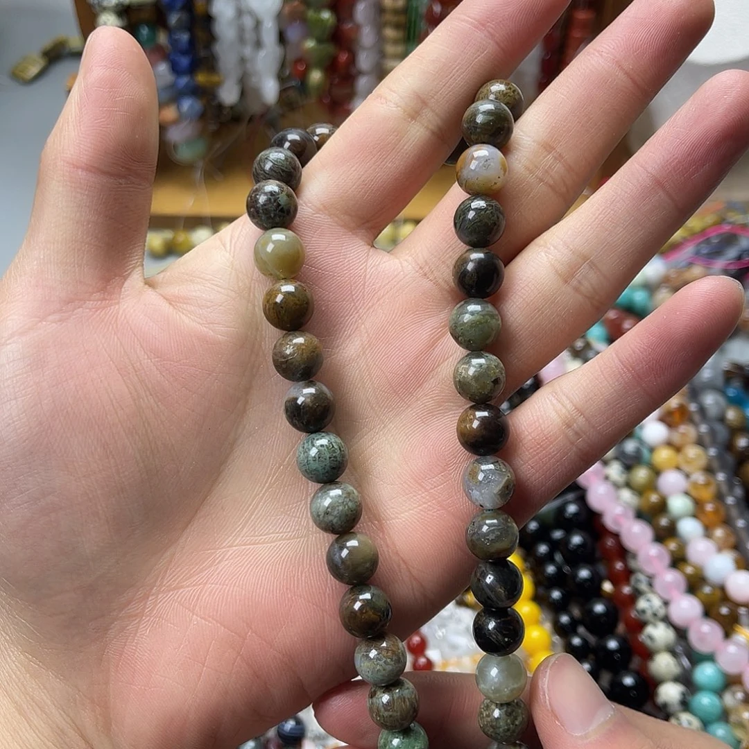 玛瑙/玉髓未镶嵌珠宝半成品卡10蛇皮石圆珠一条