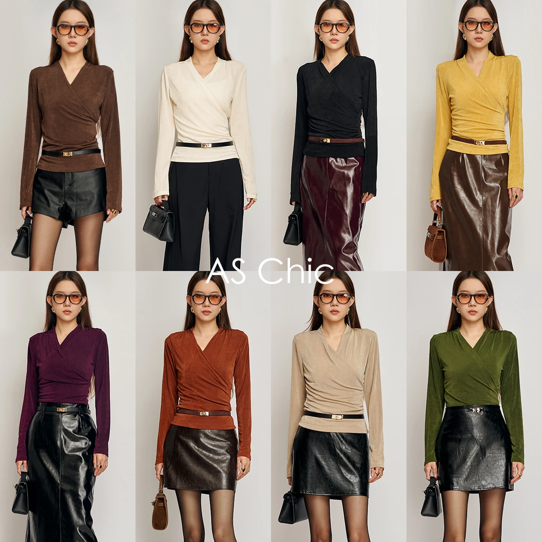 AS chicAW 设计款鎏光重磅醋酸多色V领收腰长袖针织T ASD2023