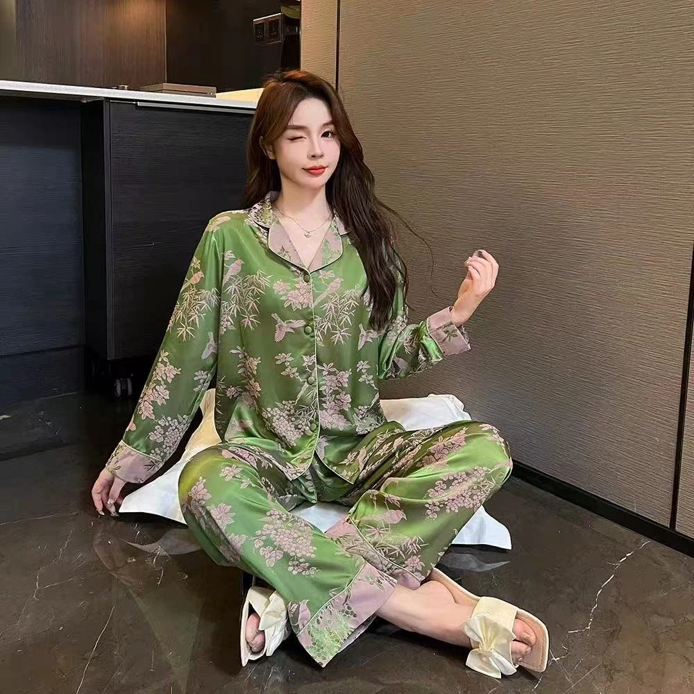 『达人优选』喜鹊登枝长袖国风高端居家服舒适显瘦提花立领女士睡衣