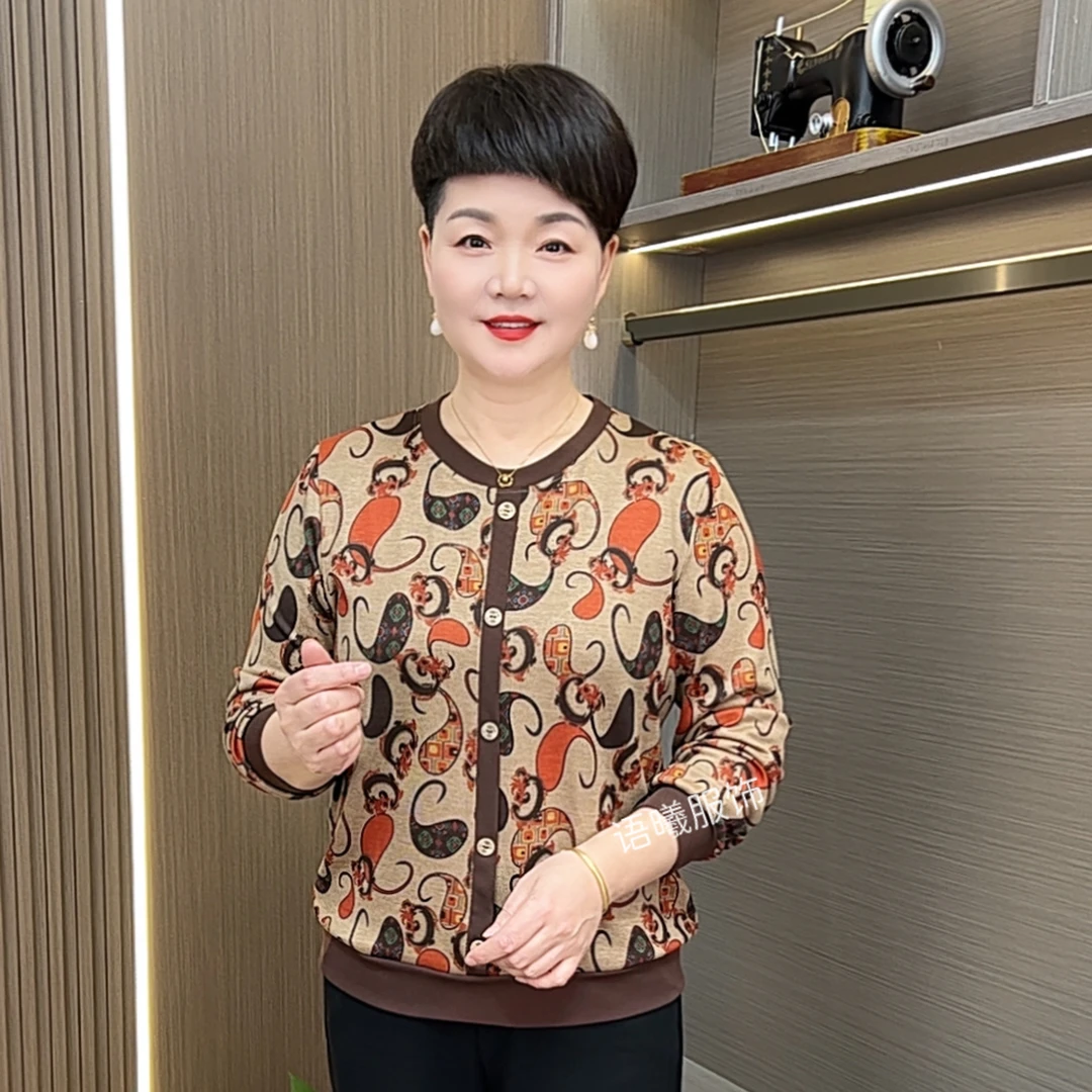 常规法式纽扣时尚圆领中老年女装秋季长袖妈妈装上衣F9076