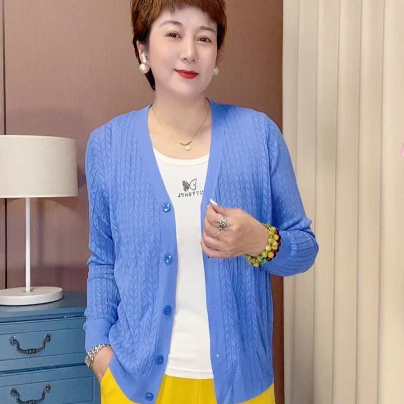 葭丽时尚麦穗镂空长袖冰丝亚麻针织小开衫大码洋气百搭宽松宽松