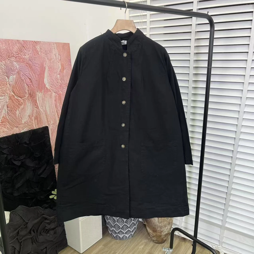 日系山本风「中长款高织棉」休闲立领风衣女E5153