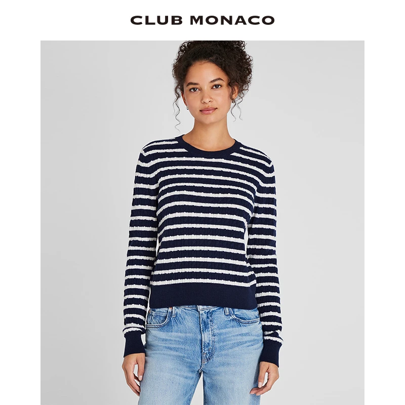 【100%山羊绒】CLUB MONACO女装复古立体绞花条纹软糯圆领毛衣