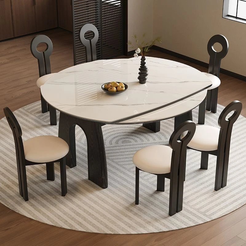 法式复古实木折叠餐桌可变圆桌家用小户型新款可伸缩美式岩板餐桌