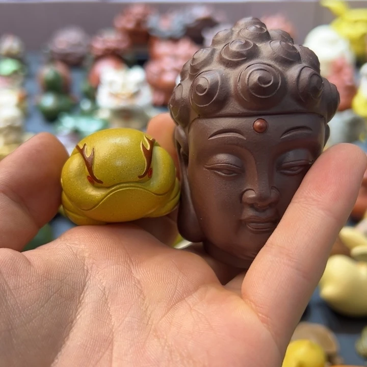 *****紫砂茶宠紫砂茶宠佛头黄金段泥金蟾