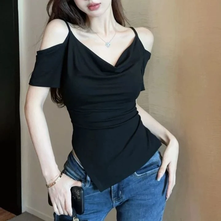 辣妹不规则短袖t恤衫女夏季纯欲风V领露肩短款设计感小众黑色上衣