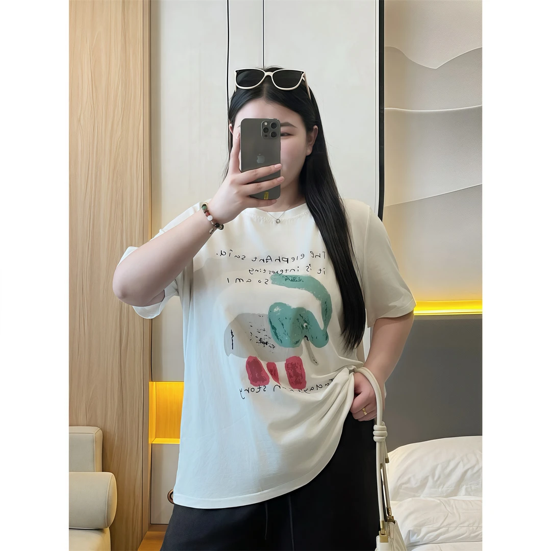 大码女装夏季潮流遮肉花契200斤胖mm少女范松弛感短袖T恤15312