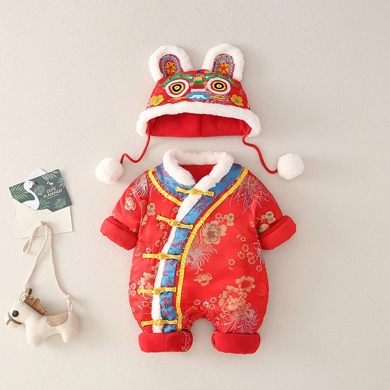 连身衣婴儿加绒加厚女宝中国风冬季喜庆拜年服保暖