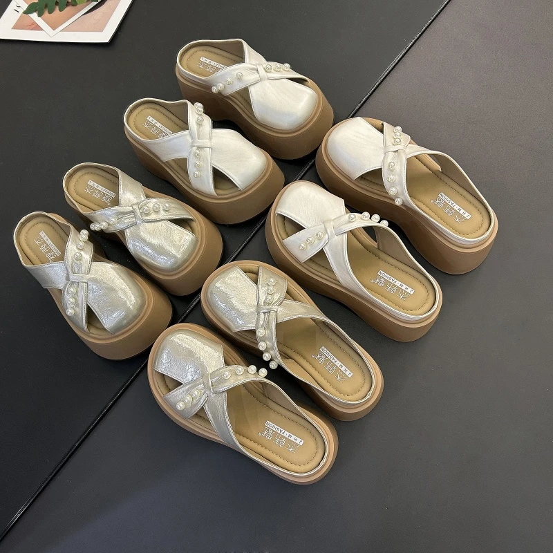 7CM~法式珍珠拖鞋女时尚沙滩度假2025新款夏季外穿拖鞋厚底凉拖鞋