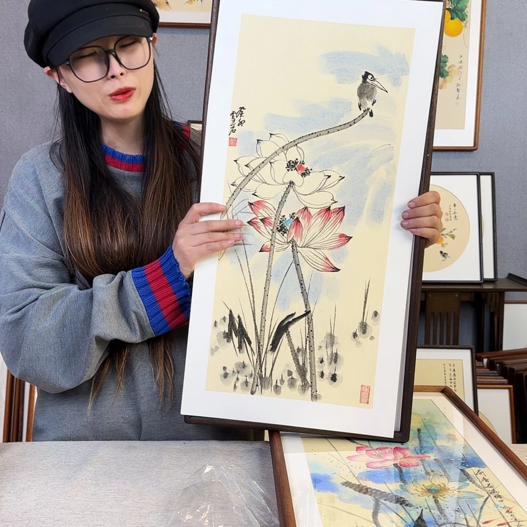 国画纯手绘，纯手写带框尺寸：36×69厘米