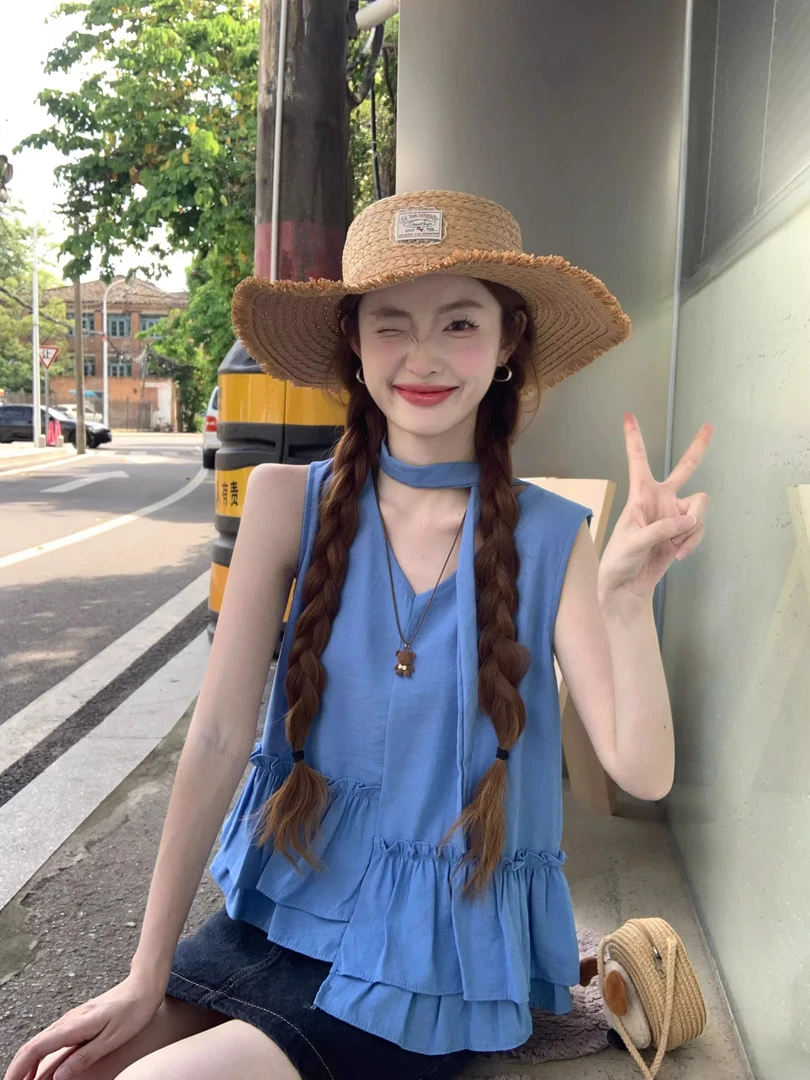 蓝色飘带挂脖v领背心衬衫女夏设计感不规则荷叶边娃娃衫无袖上衣