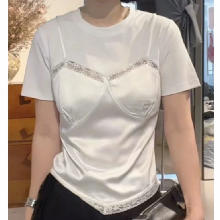 撞色拼接假两件蕾丝吊带短袖上衣女2025夏季新款百搭时尚休闲上衣