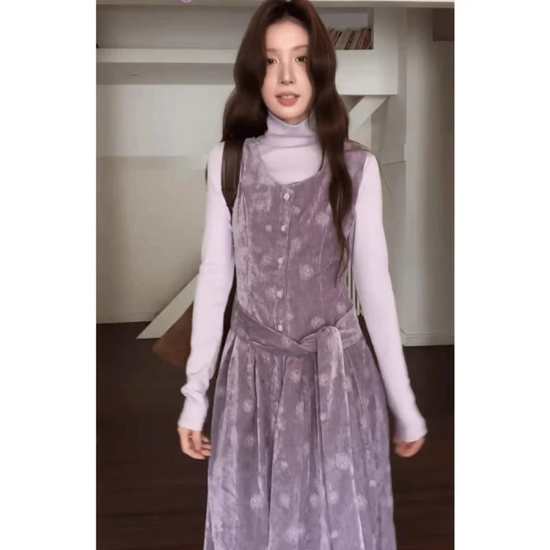甜美气质紫色刺绣绑带背心连衣裙女长袖打底衫两件套