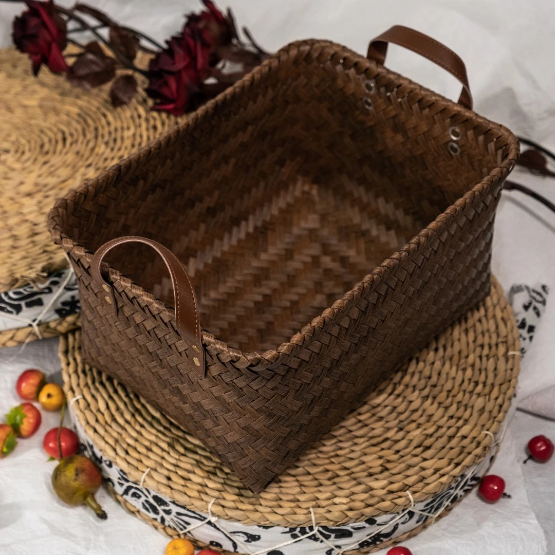 美式高级收纳筐PU把手杂物收纳筐手工北欧家用室内复古储物