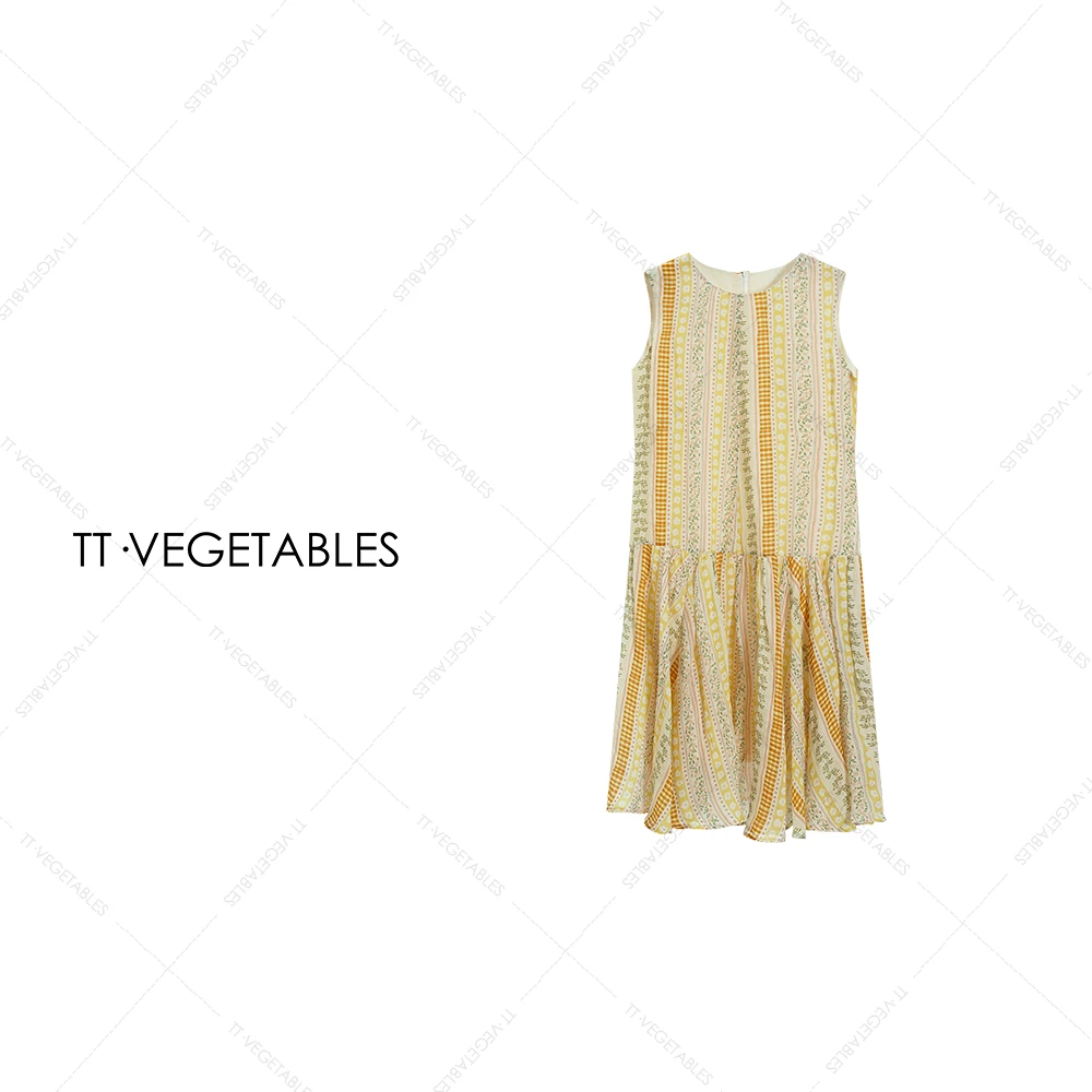 TT・VEGETABLES【序白】彩条 苎麻带里衬无袖圆领女装连衣裙517926