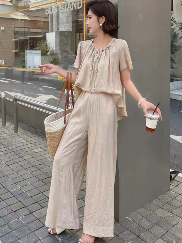 2025 夏季 女装 女士 时尚两件套 套装 长裤 上衣 短袖