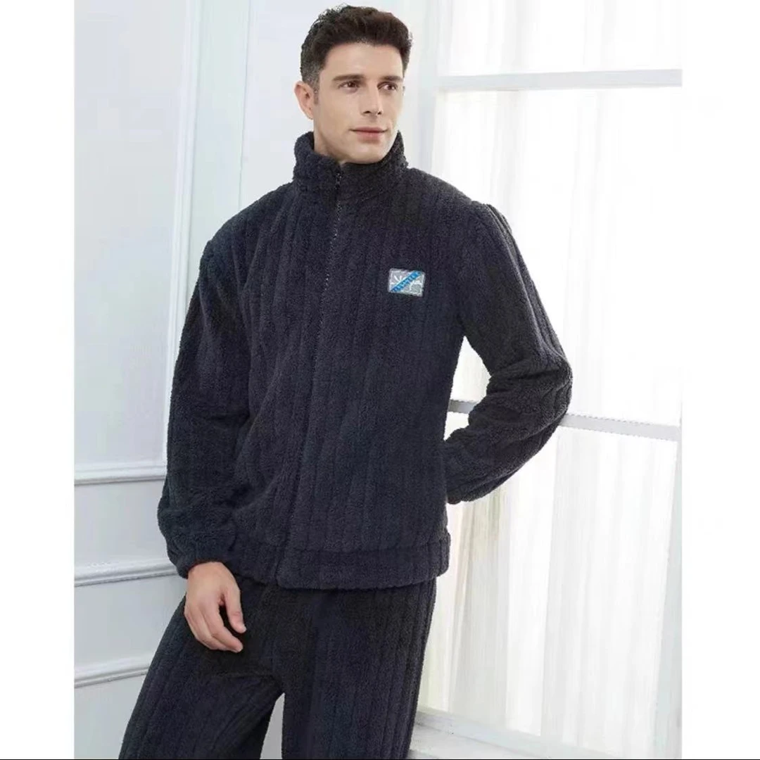 福老弟宠粉家居服秋冬款韩版条纹绒抽条蓝灰色情侣睡衣