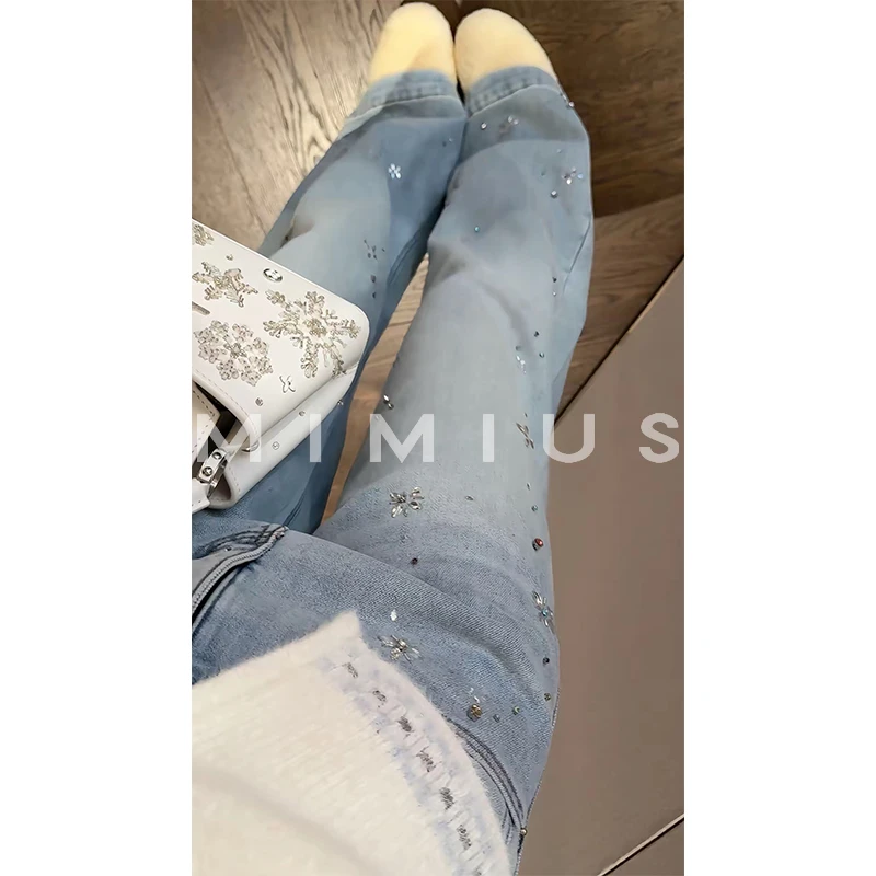 【mimius】喵喵 加绒加厚重工钉珠烫钻直筒牛仔裤 WG11035