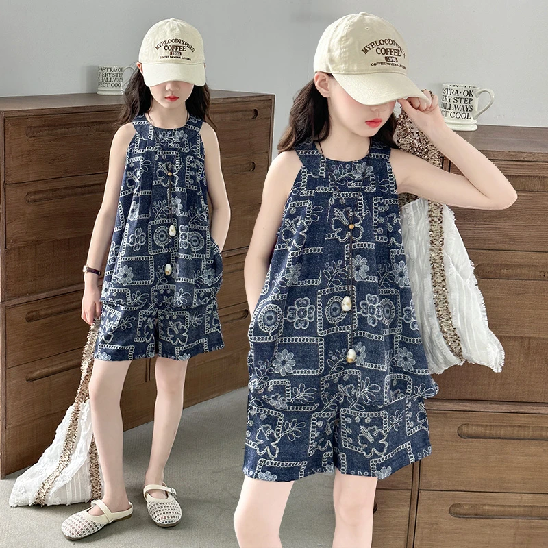 女童夏季短裤套装2025新款洋气女大童无袖挂脖上衣6-12岁儿童夏装