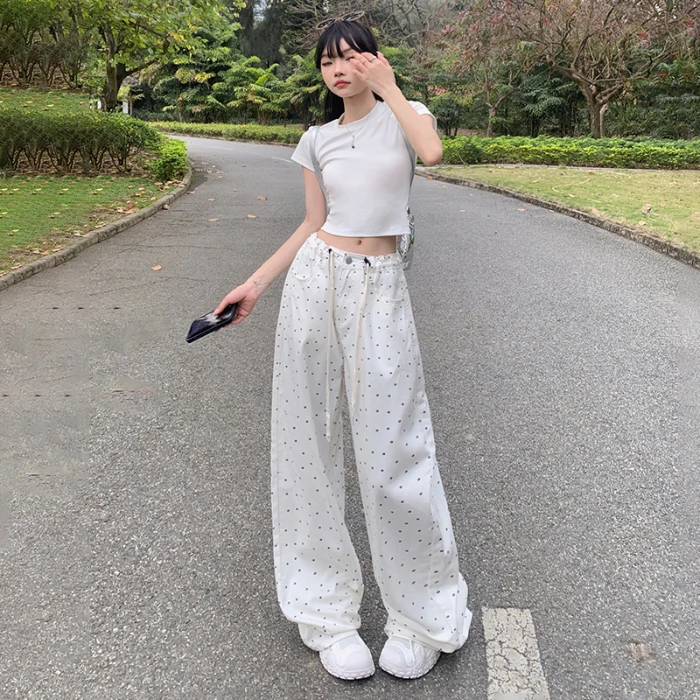 美式波点设计感牛仔裤女夏季高腰垂感直筒裤高个子抽绳窄版阔腿裤