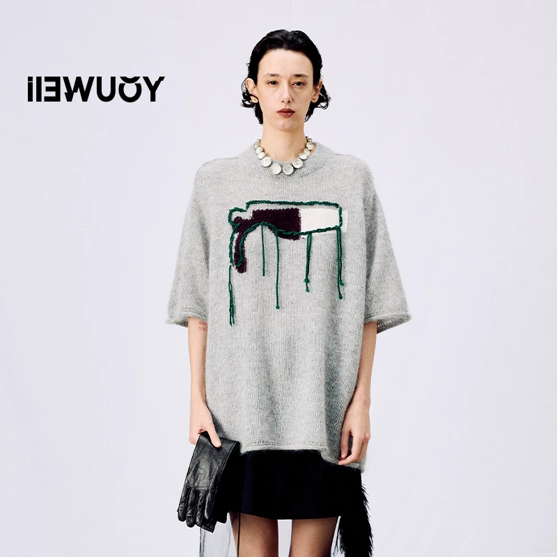 有尾YOUWEI花瓶松弛感小众夏季休闲复古印花撞色短袖毛衫百搭针织