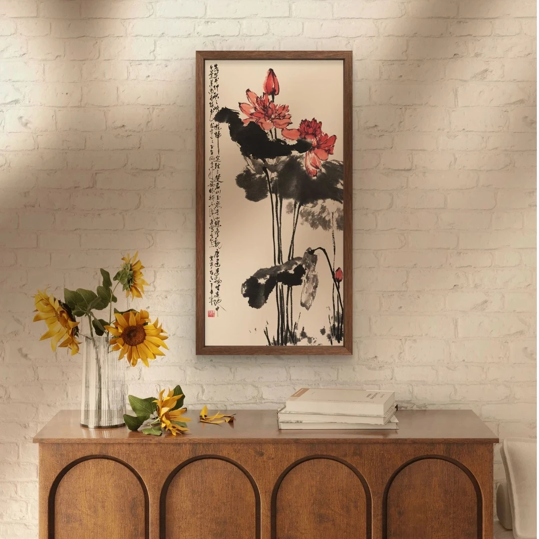 174-35*68水墨荷花中式装饰画木框玄关书房茶室客厅挂画