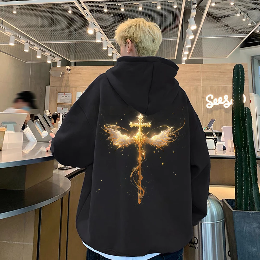 重磅加绒加厚连帽卫衣宽松双层帽高街十字男女同款男装秋冬季长袖