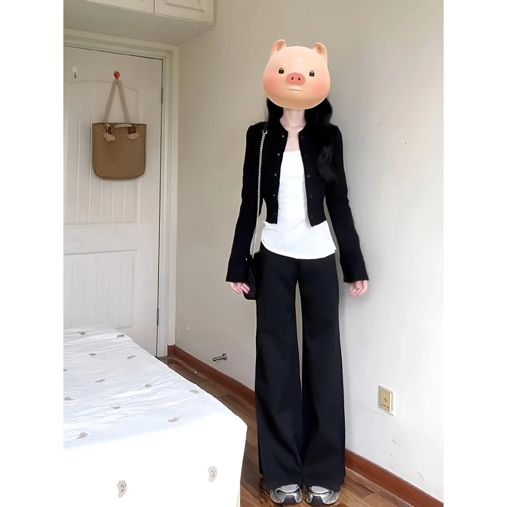 MARIE.COCO韩系气质黑色修身长袖针织开衫女气质百搭裤子时尚套装