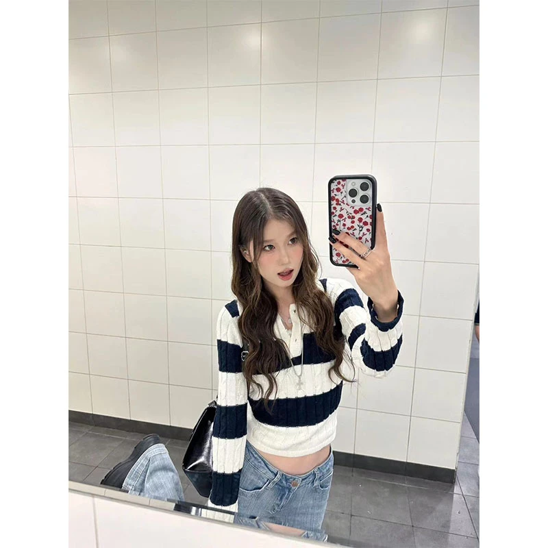 秋款设计感休闲简约拼接polo领显瘦针织衫复古百搭阔腿牛仔裤套装