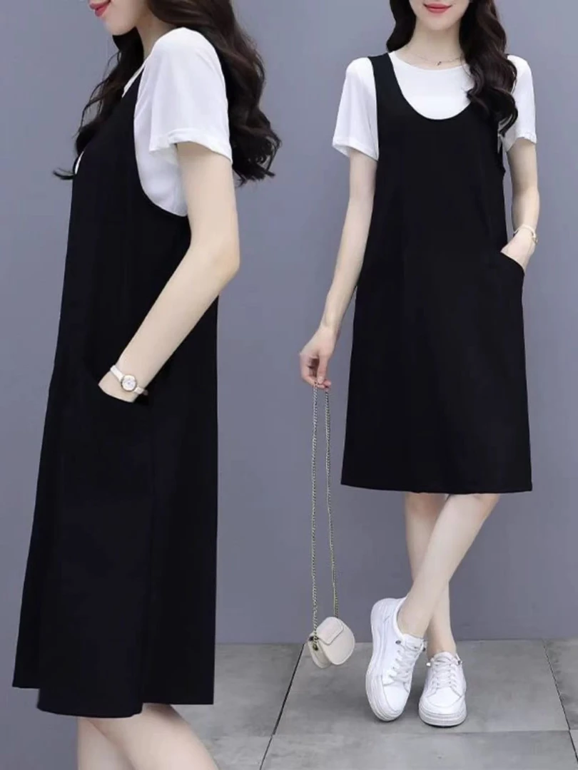 7663 气质V领宽松大口带设计可无袖连衣裙