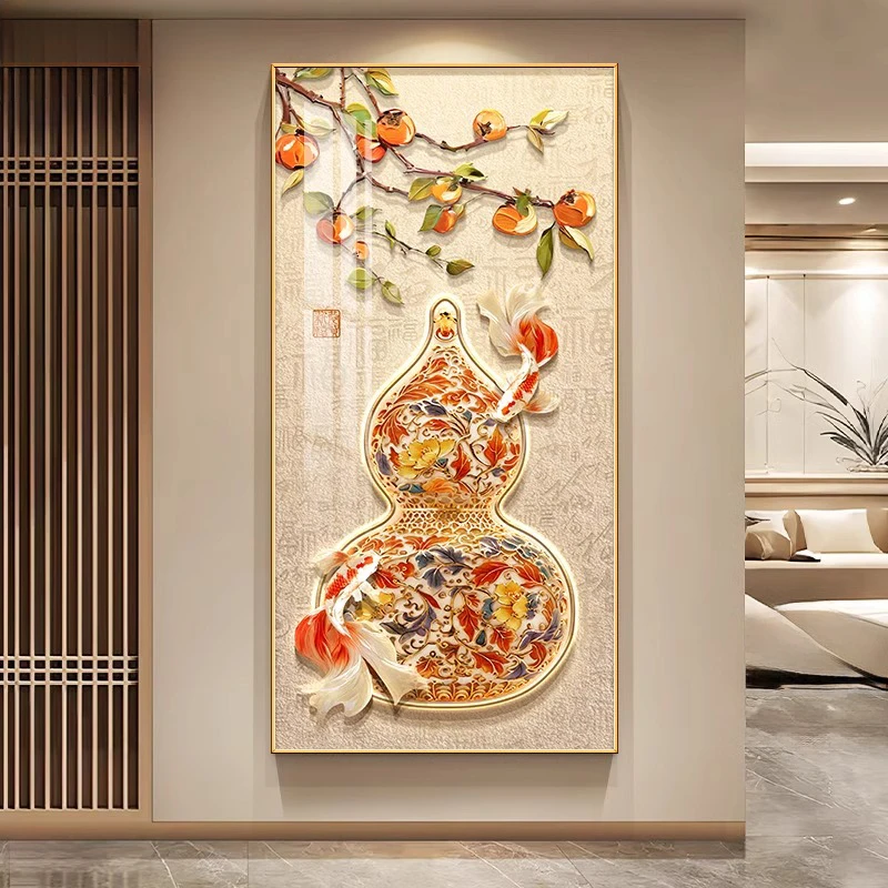 柿柿如意玄关装饰画年年有余新中式入户正对门过道挂画葫芦壁画