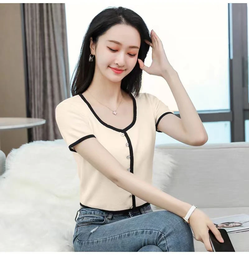 A59【衣长42】小个子女夏季薄款圆领短款高腰洋气针织衫短袖T恤