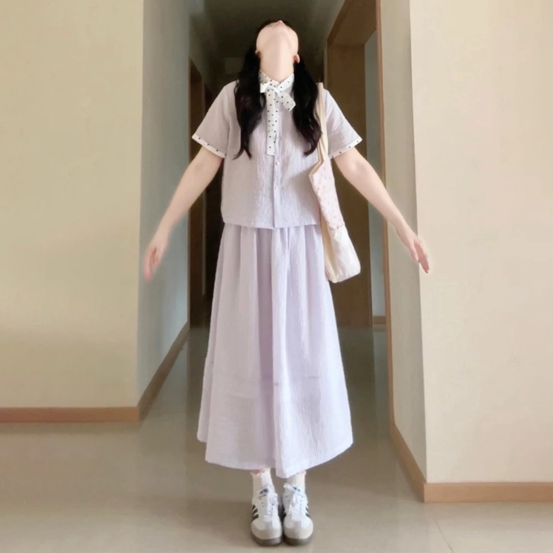 4158【马琦尧专属】新款韩系衬衫套装夏季波点条纹高腰慵懒长裙