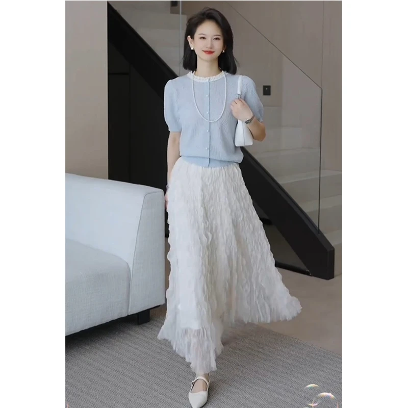小个子轻熟风穿搭2025夏季钉珠短袖毛针织开衫褶皱半身裙子两件套