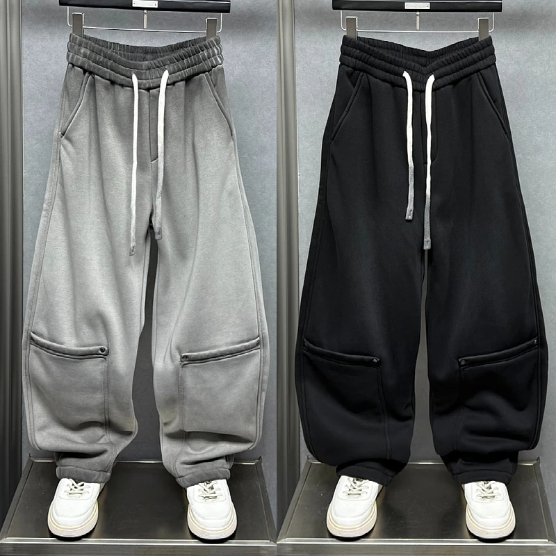 秋冬新款裤子男加绒加厚卫裤高级感美式复古直筒休闲裤宽松阔腿裤