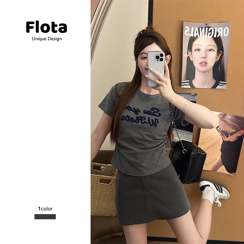 【folta】深灰色字母刺绣圆领修身短袖t恤美式甜酷百搭短款上衣1420