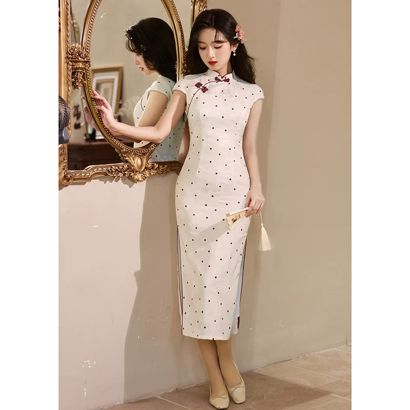 6064白色波点2025年新款旗袍改良新中式国风连衣裙文艺风高级感女