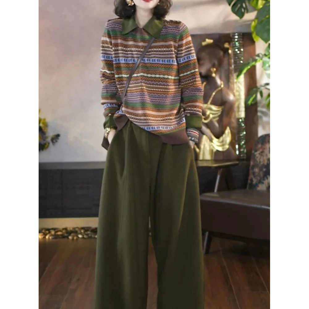 时尚洋气文艺风套装女2026春装新款减龄Polo领条纹印花针织衫长裤