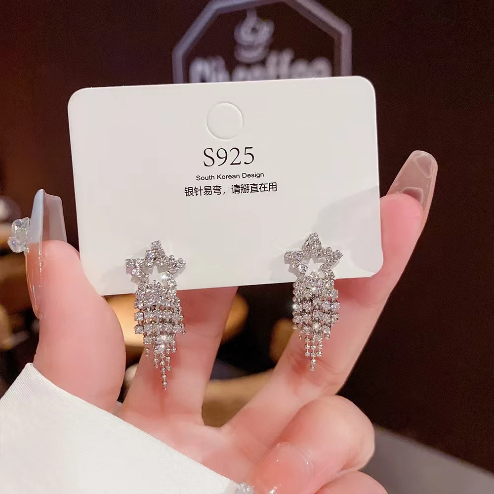 铜合金合成锆石耳饰 S925银针时尚满钻五角星小众网红耳钉轻奢