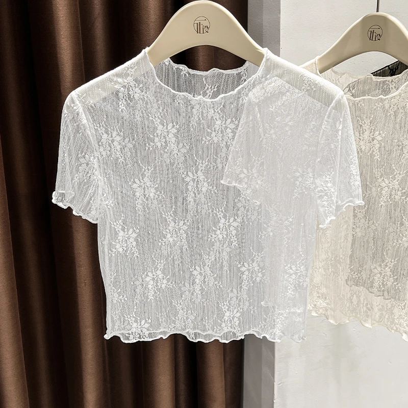 勾花圆领镂空蕾丝短袖T恤夏季透视冰丝网纱短款上衣木耳边打底衫